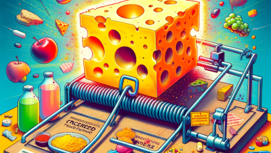 A vivid and surreal illustration featuring a giant, glowing block of Swiss cheese placed as bait on an enormous mousetrap. Around and on the trap, a multitude of diverse items float and are arranged, including various medical supplies like syringes, pills, and vials, alongside tempting food items such as apples, grapes, bread, smaller cheese pieces, and colorful powders. This allegorical image serves as a powerful commentary on the irresistible allure of contemporary temptations, from unhealthy dietary choices to the promises of quick medical solutions, and the potential 'trap' or consequences they may entail.