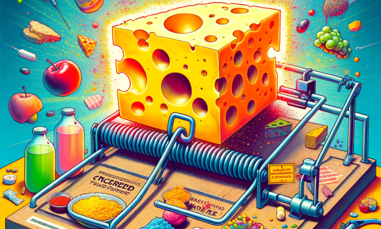 A vivid and surreal illustration featuring a giant, glowing block of Swiss cheese placed as bait on an enormous mousetrap. Around and on the trap, a multitude of diverse items float and are arranged, including various medical supplies like syringes, pills, and vials, alongside tempting food items such as apples, grapes, bread, smaller cheese pieces, and colorful powders. This allegorical image serves as a powerful commentary on the irresistible allure of contemporary temptations, from unhealthy dietary choices to the promises of quick medical solutions, and the potential 'trap' or consequences they may entail.