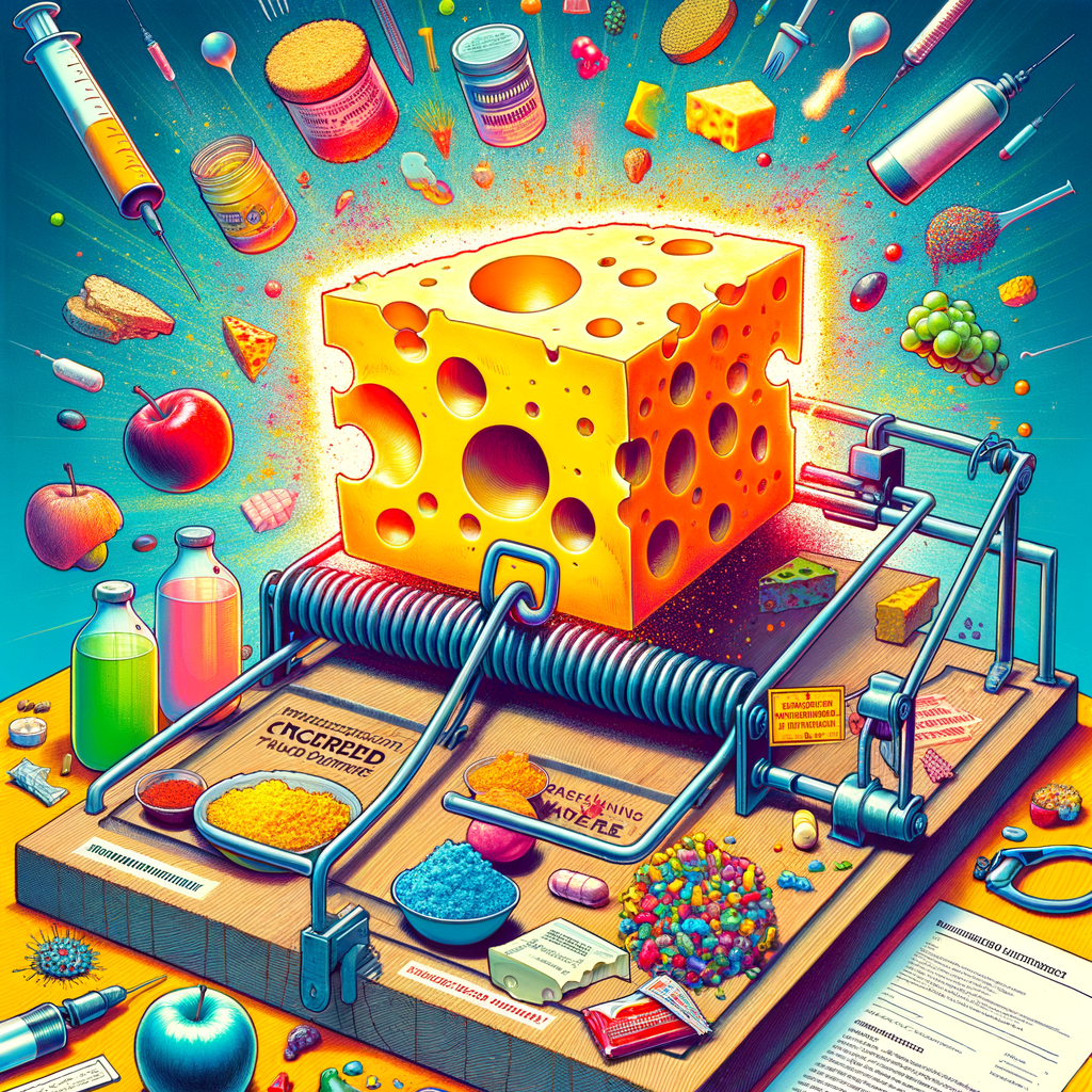 A vivid and surreal illustration featuring a giant, glowing block of Swiss cheese placed as bait on an enormous mousetrap. Around and on the trap, a multitude of diverse items float and are arranged, including various medical supplies like syringes, pills, and vials, alongside tempting food items such as apples, grapes, bread, smaller cheese pieces, and colorful powders. This allegorical image serves as a powerful commentary on the irresistible allure of contemporary temptations, from unhealthy dietary choices to the promises of quick medical solutions, and the potential 'trap' or consequences they may entail.